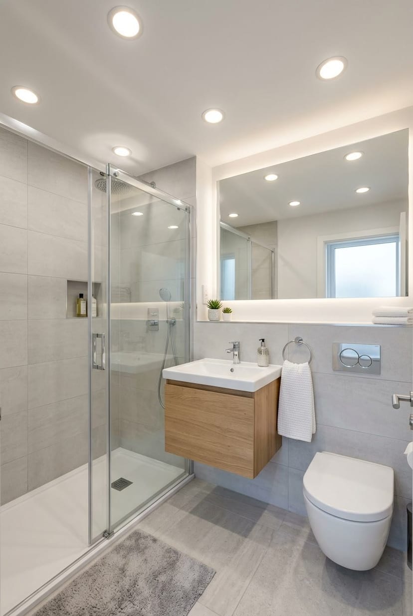 Kleines Gäste-WC mit Dusche und gleichmäßig beleuchteten Deckeneinbauleuchten.