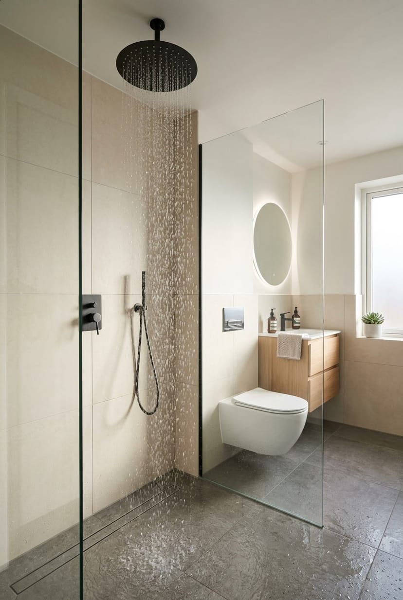 Moderner Badezimmerbereich mit Regendusche und Gäste-WC im Hintergrund.