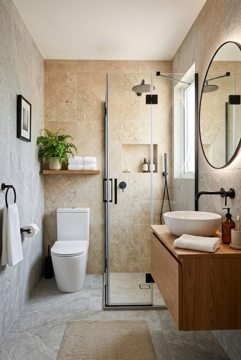 Ein modernes Gästebad mit Dusche, Natursteinfliesen, schwarzen Armaturen, weißem Waschbecken und einem kleinen grünen Pflanzenakzent.