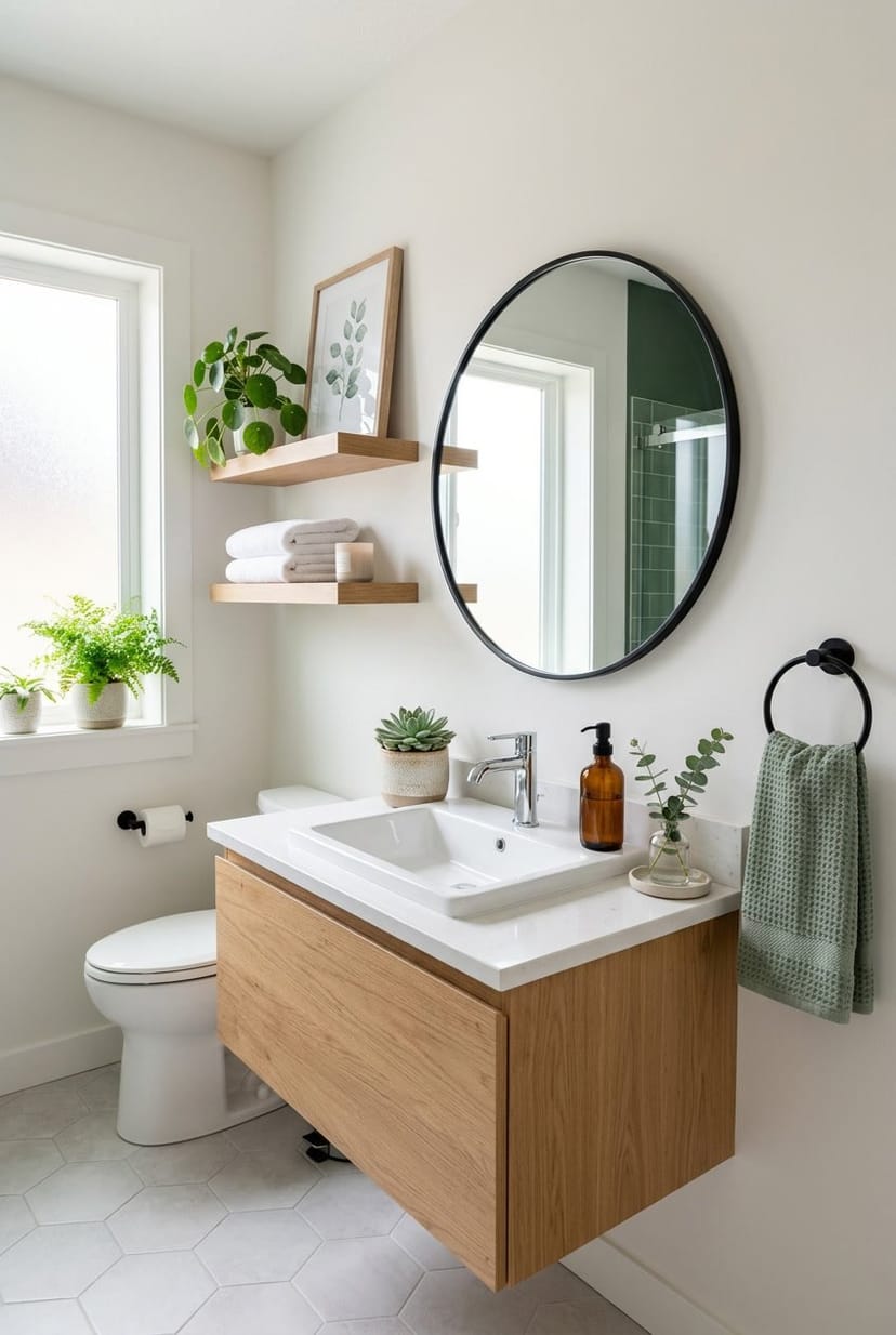 Ein helles Gäste-WC mit grünen Pflanzen, einem weißen Waschbecken, einem runden Spiegel und grünen Akzenten auf Handtüchern und Dekoration.
