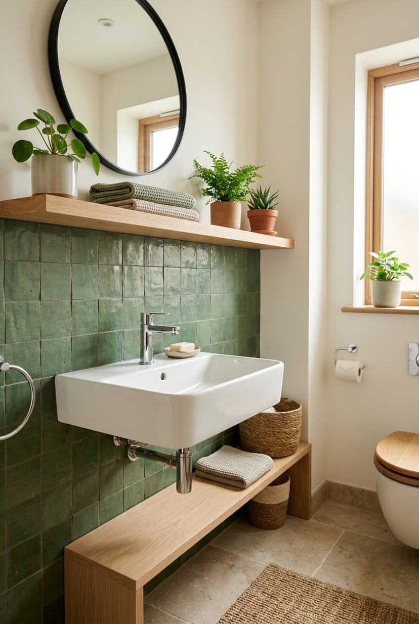 Gäste-WC mit mattgrünen Fliesen an der Wand, weißem Waschbecken und kleinen Pflanzen auf einem Holzregal.