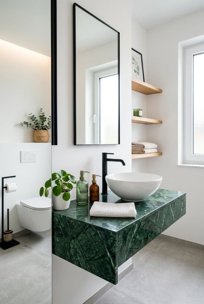 Gäste-WC mit grünem Marmorwaschtisch und grünen Akzenten, Pflanzen und modernen Sanitäranlagen.
