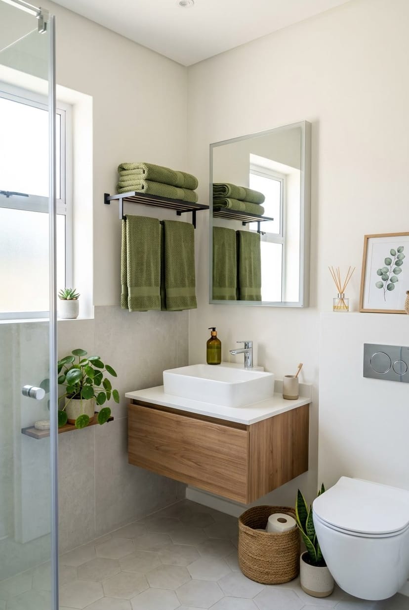 Ein modernes Gäste-WC mit olivgrünen Handtüchern und grünen Akzenten in der Dekoration.