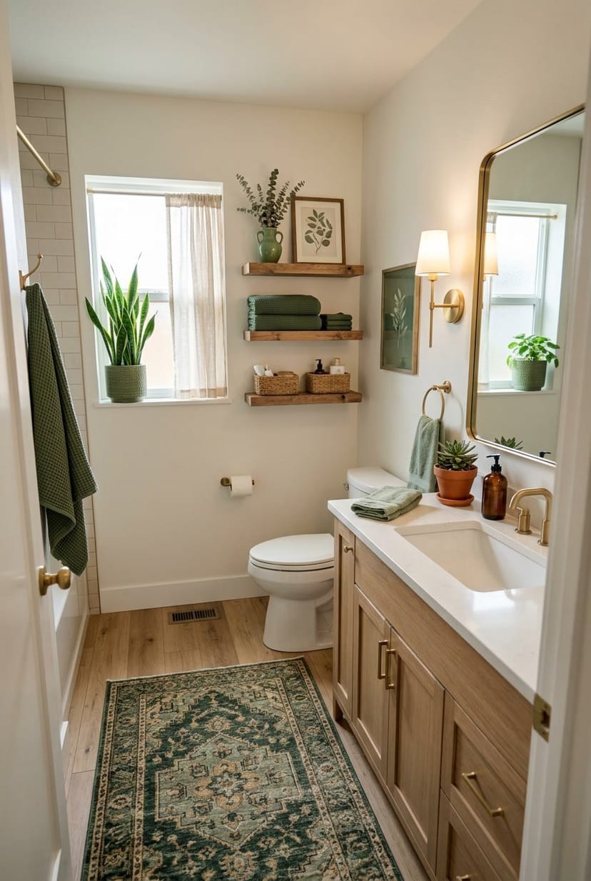 Ein gemütliches Gäste-WC mit einem grünen Vintage-Teppich und grünen Akzenten wie Handtüchern und Pflanzen.