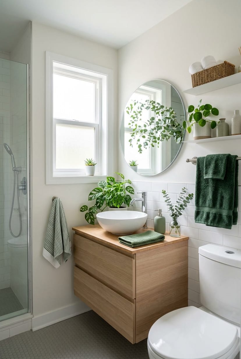 Ein modernes Gäste-WC mit weißen Sanitäranlagen und grünen Akzenten wie Pflanzen und Handtüchern.