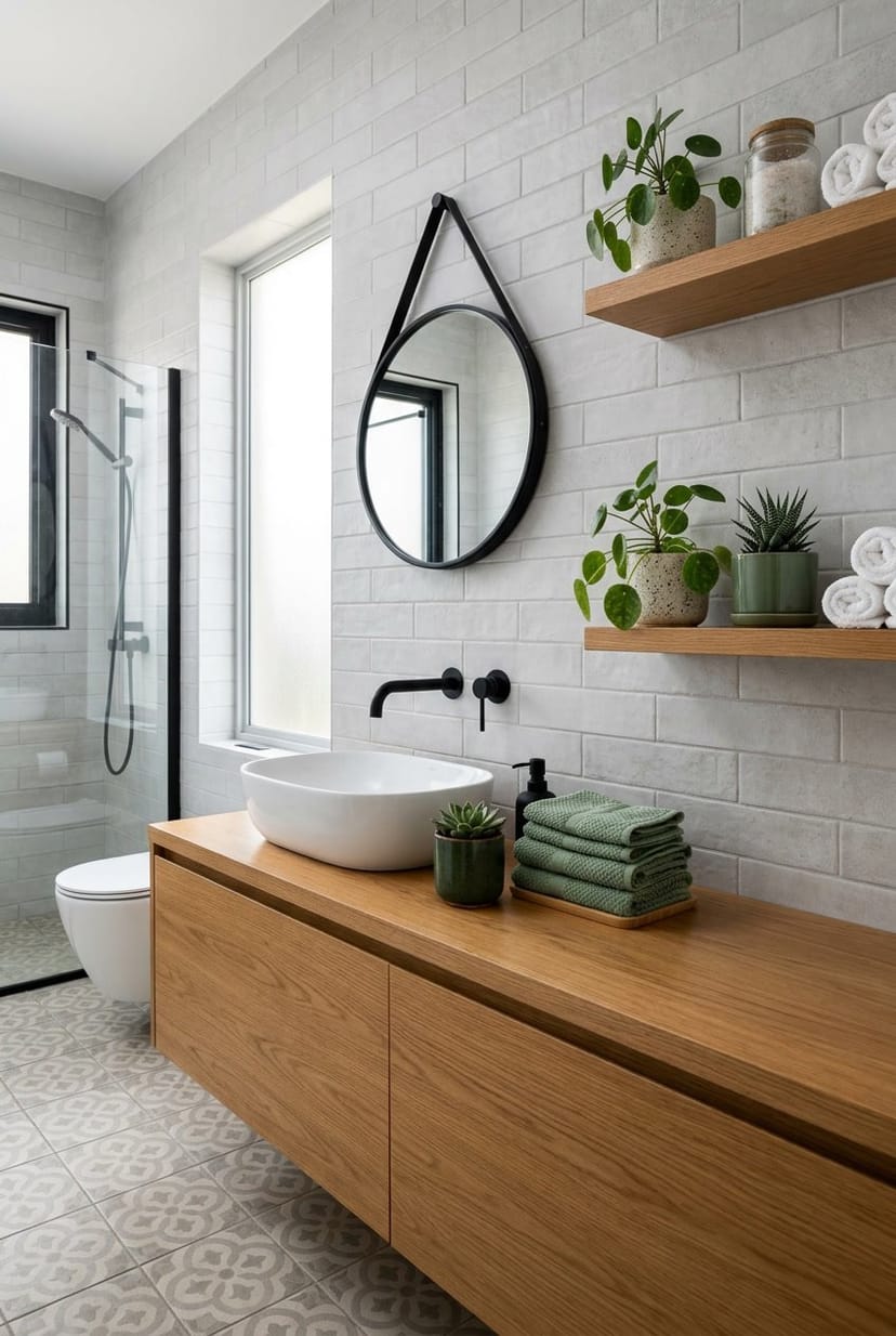 Ein modernes Gäste-WC mit weißen Armaturen, grünen Pflanzen und hellgrauen Fliesen.