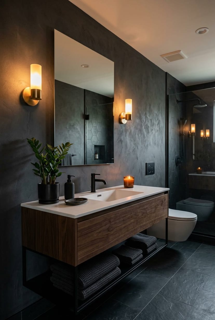Dunkles Gäste-WC mit dunklen Wänden, warmem Licht, einem modernen Waschbecken und dekorativen Accessoires.