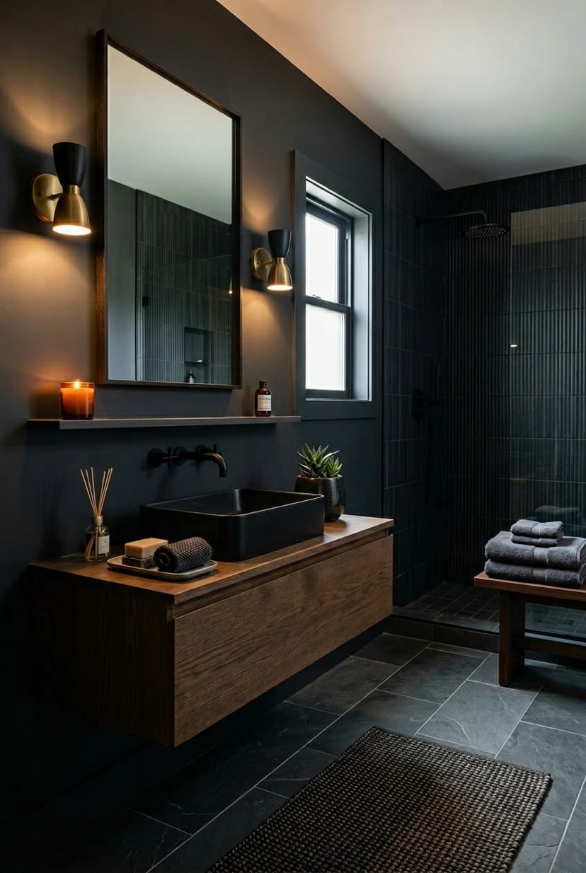 Ein modernes Gäste-WC mit dunklen anthrazitfarbenen oder schwarzen Wänden, einem Waschbecken, Spiegel und stimmungsvoller Beleuchtung.
