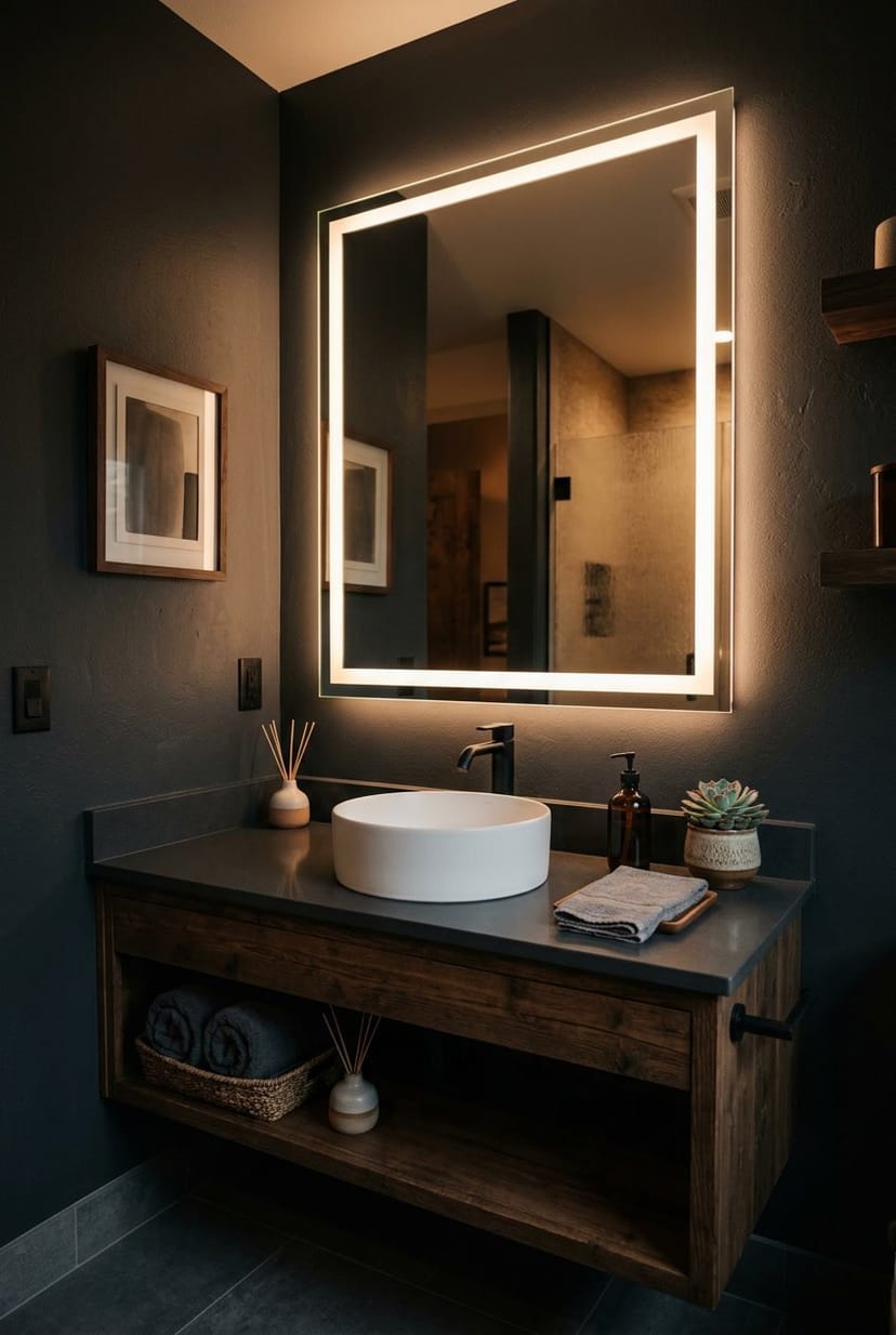 Ein dunkles Gäste-WC mit einem Spiegel, der einen sanft leuchtenden LED-Rahmen hat, und einer gemütlichen Atmosphäre.