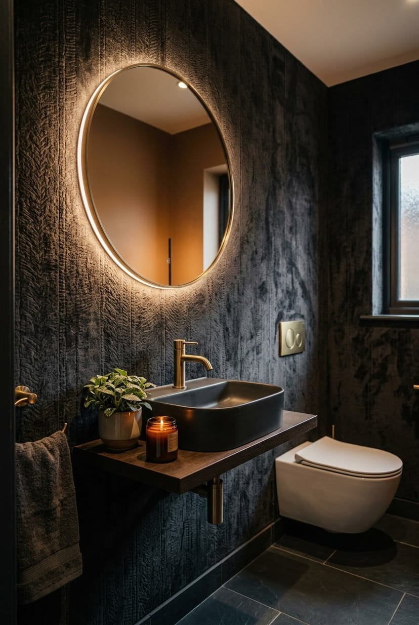 Dunkles Gäste-WC mit strukturierter Tapete, Waschbecken, rundem Spiegel und stimmungsvoller Beleuchtung.