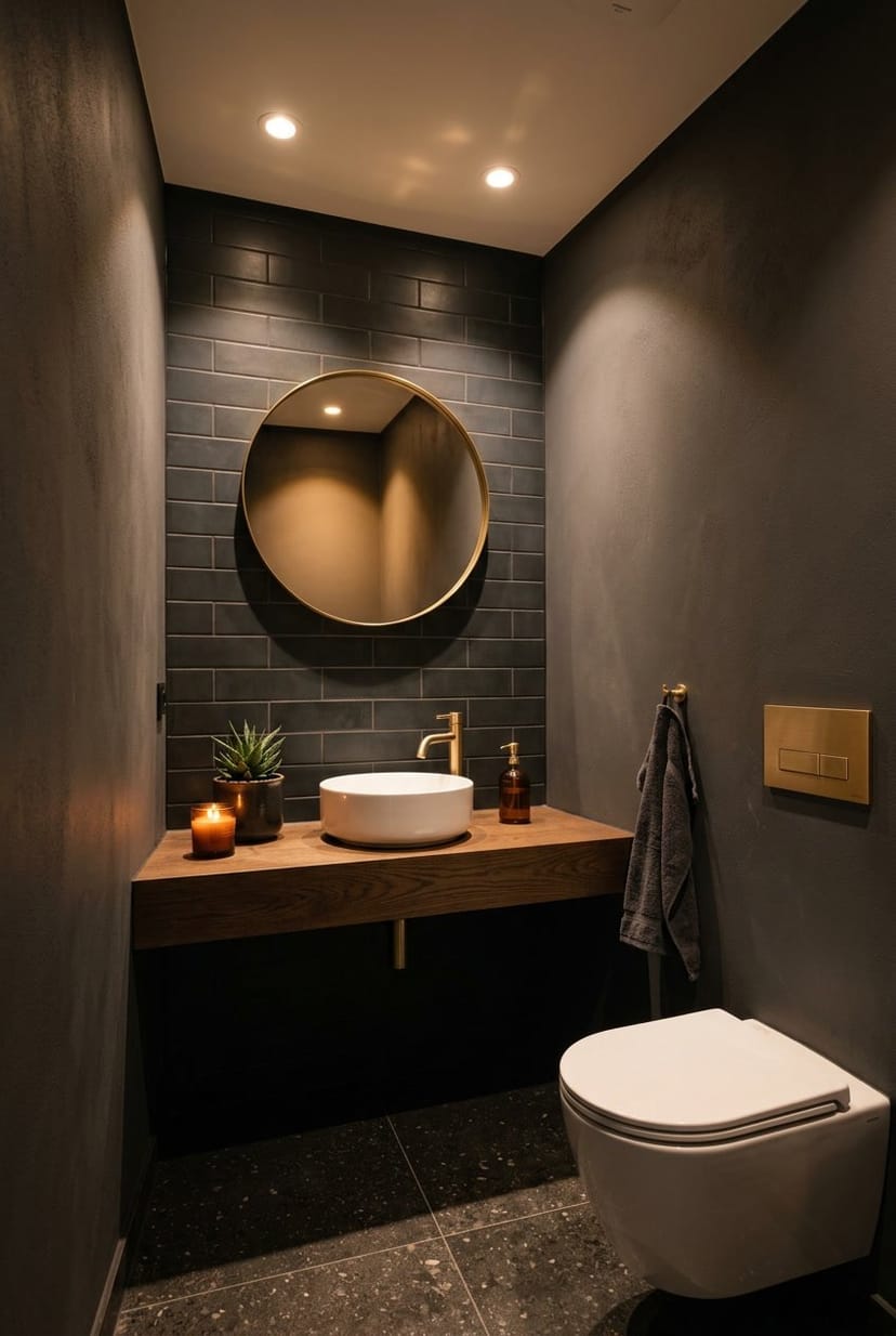 Kleines Gäste-WC mit dunklen Wänden und eingebauten warmen Deckenleuchten, einem Waschbecken und einem Spiegel.