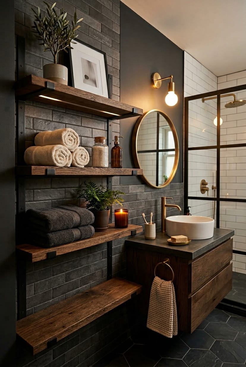 Gäste-WC mit dunklen Holz- oder Metallregalen, dekoriert mit Pflanzen und Handtüchern in gemütlicher Atmosphäre.