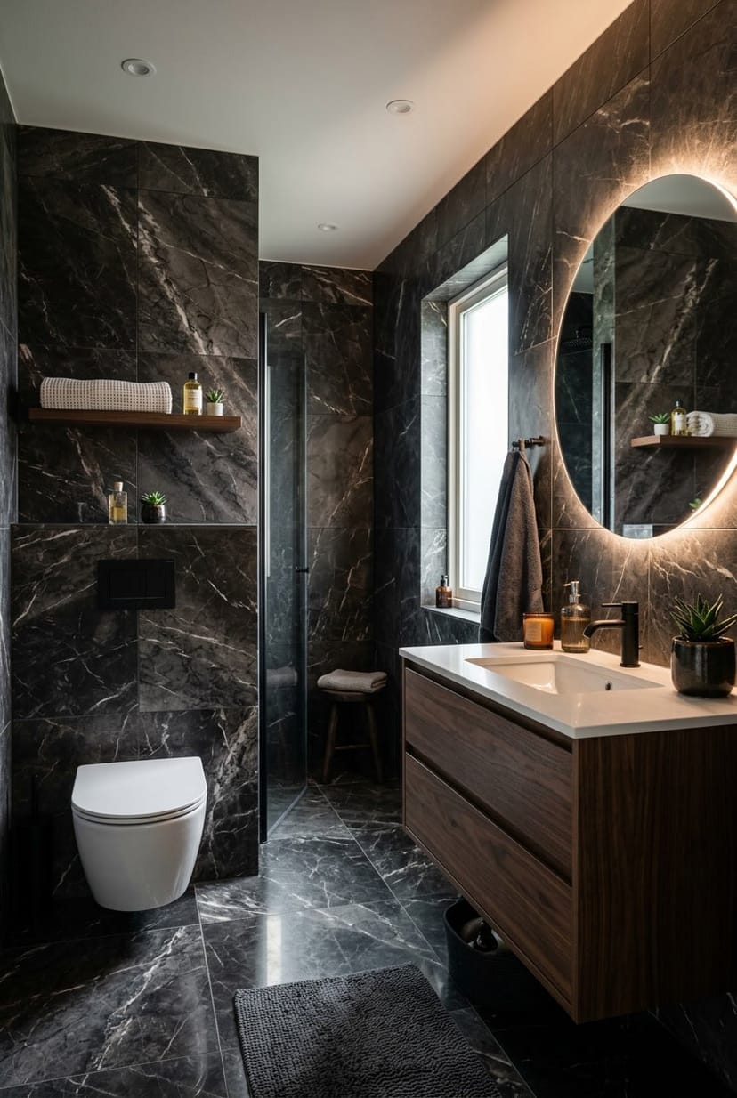 Ein modernes Gäste-WC mit dunklen Marmorfliesen, einem weißen WC, einem dunklen Waschtisch und stimmungsvoller Beleuchtung.