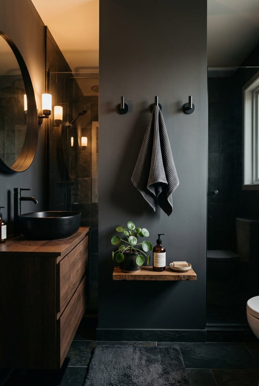 Gäste-WC mit schwarzen Wandhaken an einer dunklen Wand, dekoriert mit einem kleinen Pflanzentopf und Handtüchern.