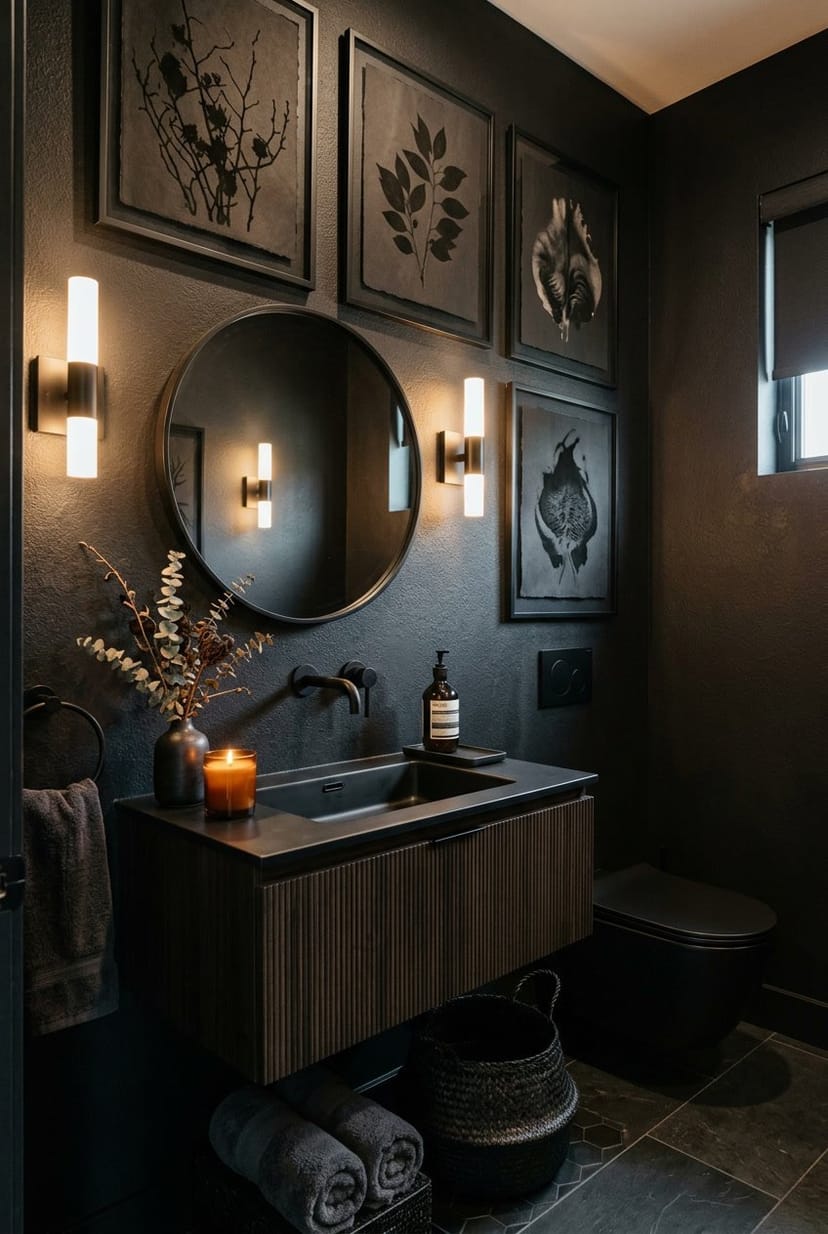 Gäste-WC mit dunkler Wandkunst, modernem Waschbecken und stimmungsvoller Beleuchtung.