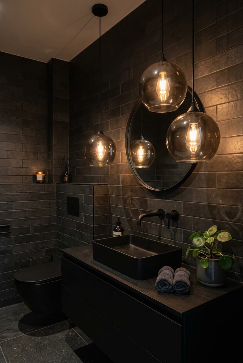 Dunkles Gäste-WC mit mehreren Rauchglas-Lampen, einem Waschbecken und dunklen Wänden, das eine gemütliche Atmosphäre schafft.