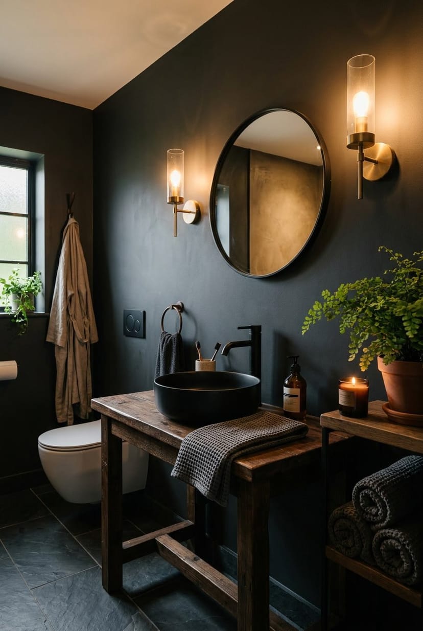 Dunkles Gäste-WC mit warmem Licht, modernem Waschbecken und dekorativen Pflanzen.