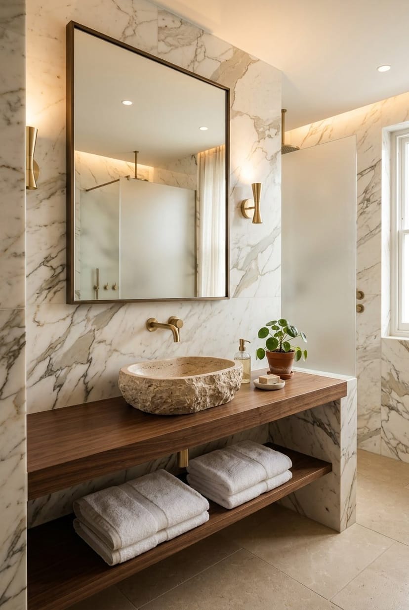 Gäste-WC mit Marmorwand und Stein-Waschbecken