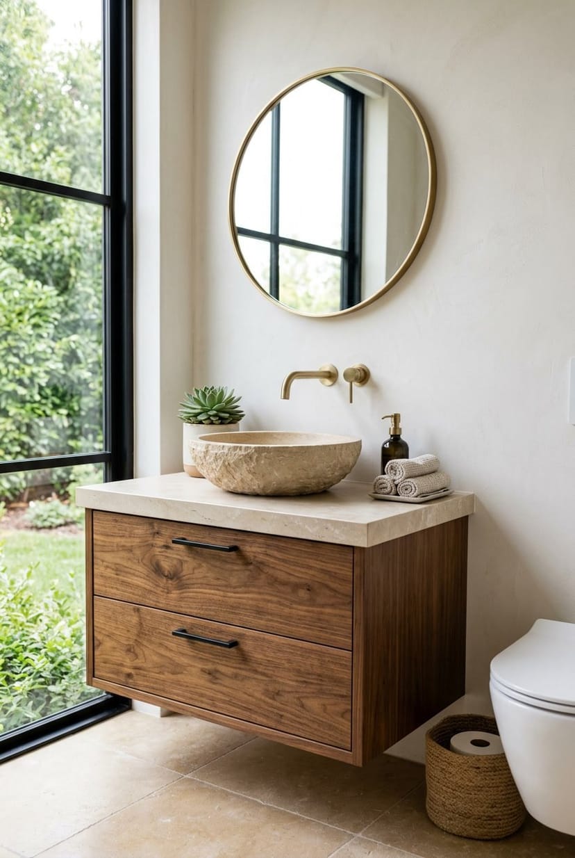 Gäste-WC mit sandfarbenem Kalkstein-Waschbecken auf einem Holzunterschrank.