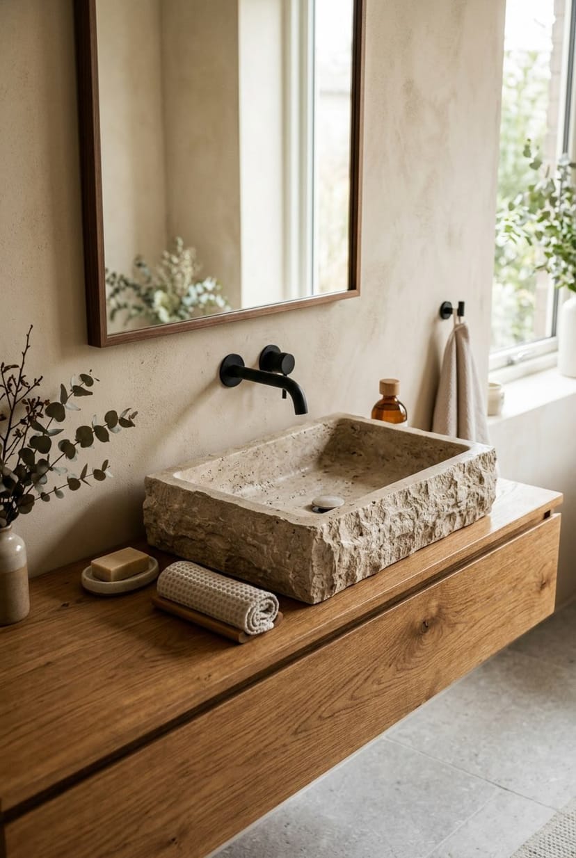 Gäste-WC mit einem Steinwaschbecken und warmen Holzelementen.