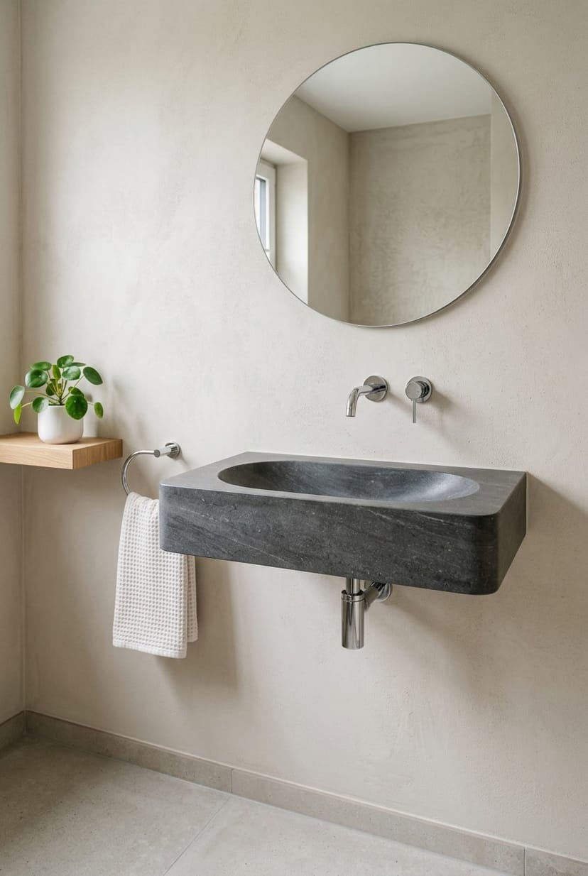 Ein wandmontiertes Steinwaschbecken mit minimalistischen Formen in einem kleinen Gäste-WC.