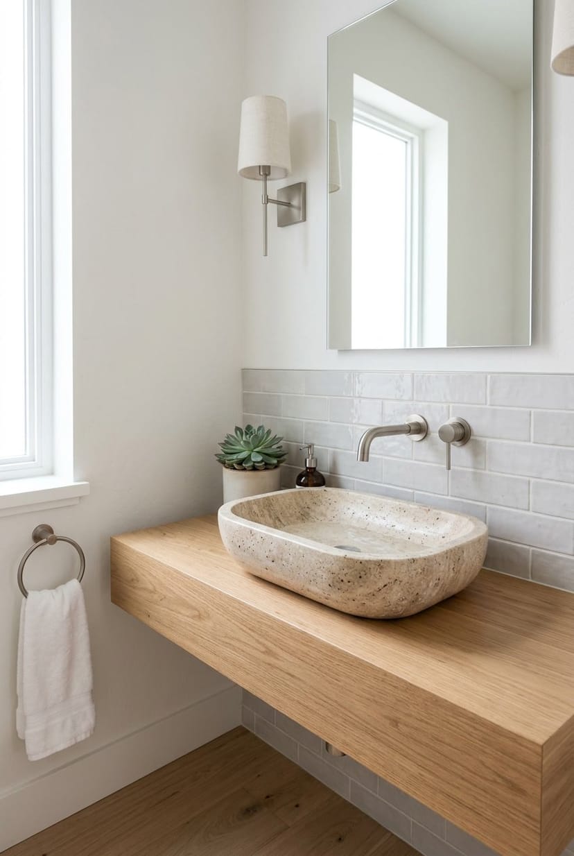 Gäste-WC mit einem modernen Stein-Waschbecken auf einer Holzarbeitsplatte, umgeben von minimalistischer Dekoration und natürlichem Licht.