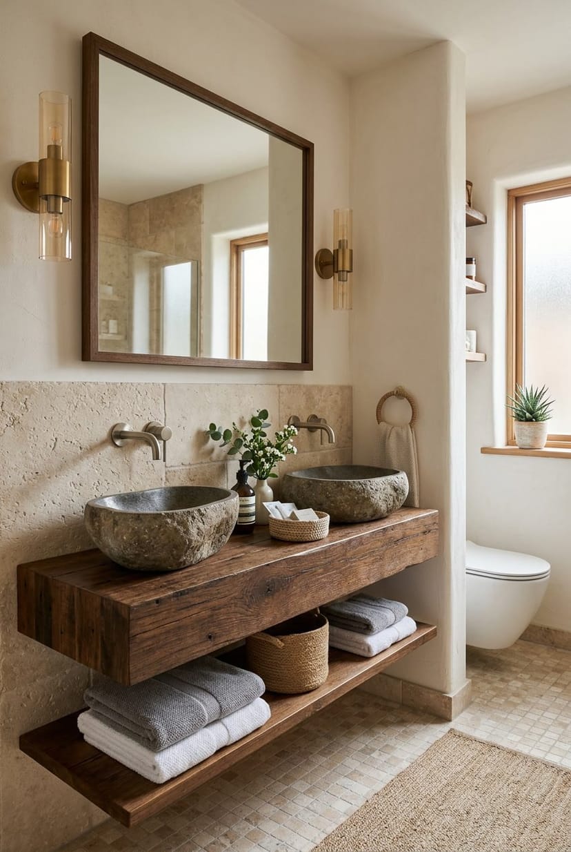 Kleines Gäste-WC mit einem Stein-Waschbecken auf einem Holzwaschtisch, einem Spiegel und dekorativen Accessoires.