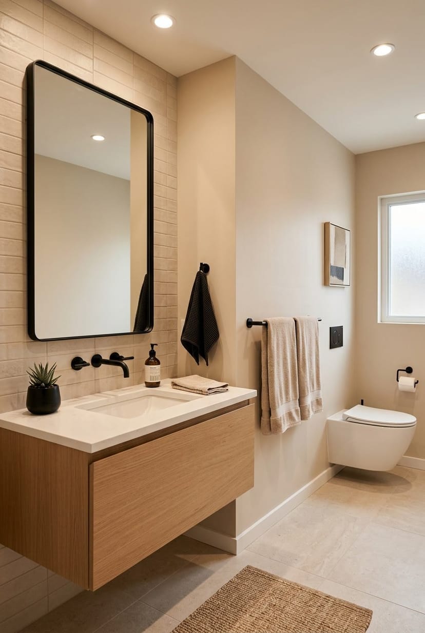 Ein modernes Gäste-WC mit beigen Wänden, schwarzen Armaturen und einem schwarzen Spiegelrahmen, ausgestattet mit einem Waschbecken und dekorativen Elementen.