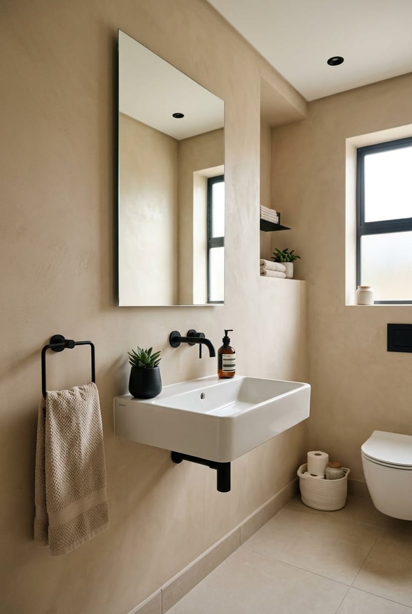 Gäste-WC mit beigen Wänden und schwarzen Armaturen, weißem Waschbecken und einem Spiegel.