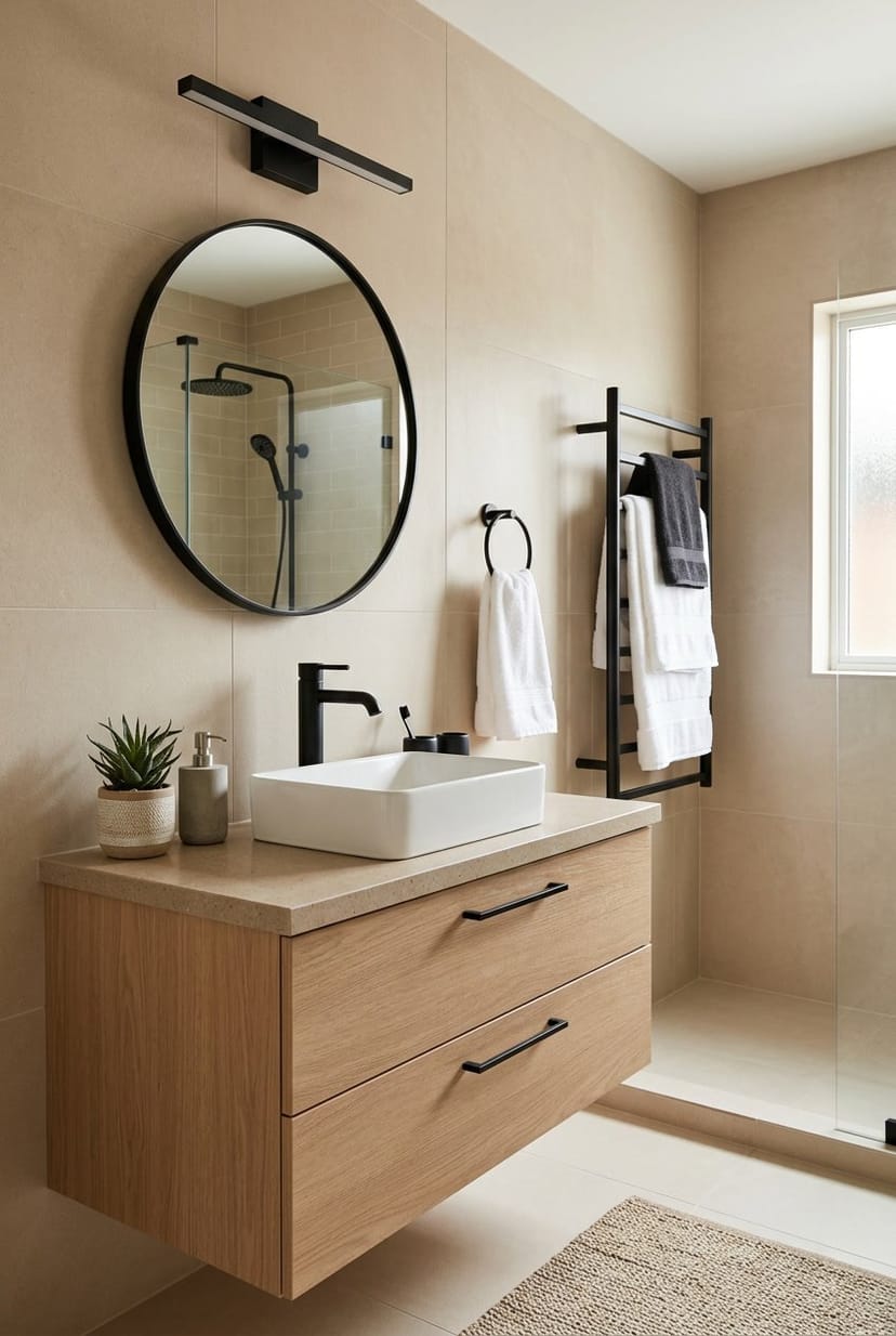 Gäste-WC mit mattschwarzen Armaturen und beigen Wänden, sauber und modern eingerichtet.