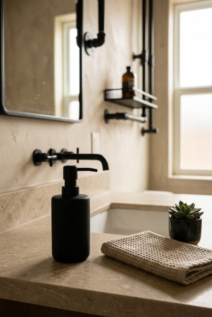 Schwarzer Seifenspender auf beigem Waschbecken in einem Gäste-WC mit modernen Armaturen.