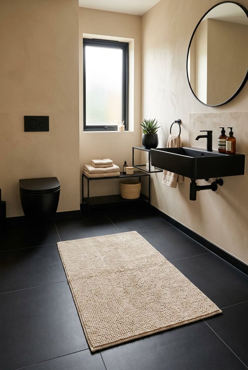 Gäste-WC mit beigem Baumwoll-Badvorleger auf schwarzem Boden, schwarzer Toilette und Waschbecken.