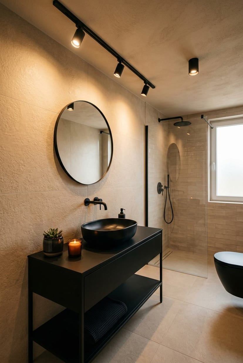 Gäste-WC mit schwarzen Lichtschienen, dimmbaren Spots, beigen Wänden und schwarzen Armaturen.
