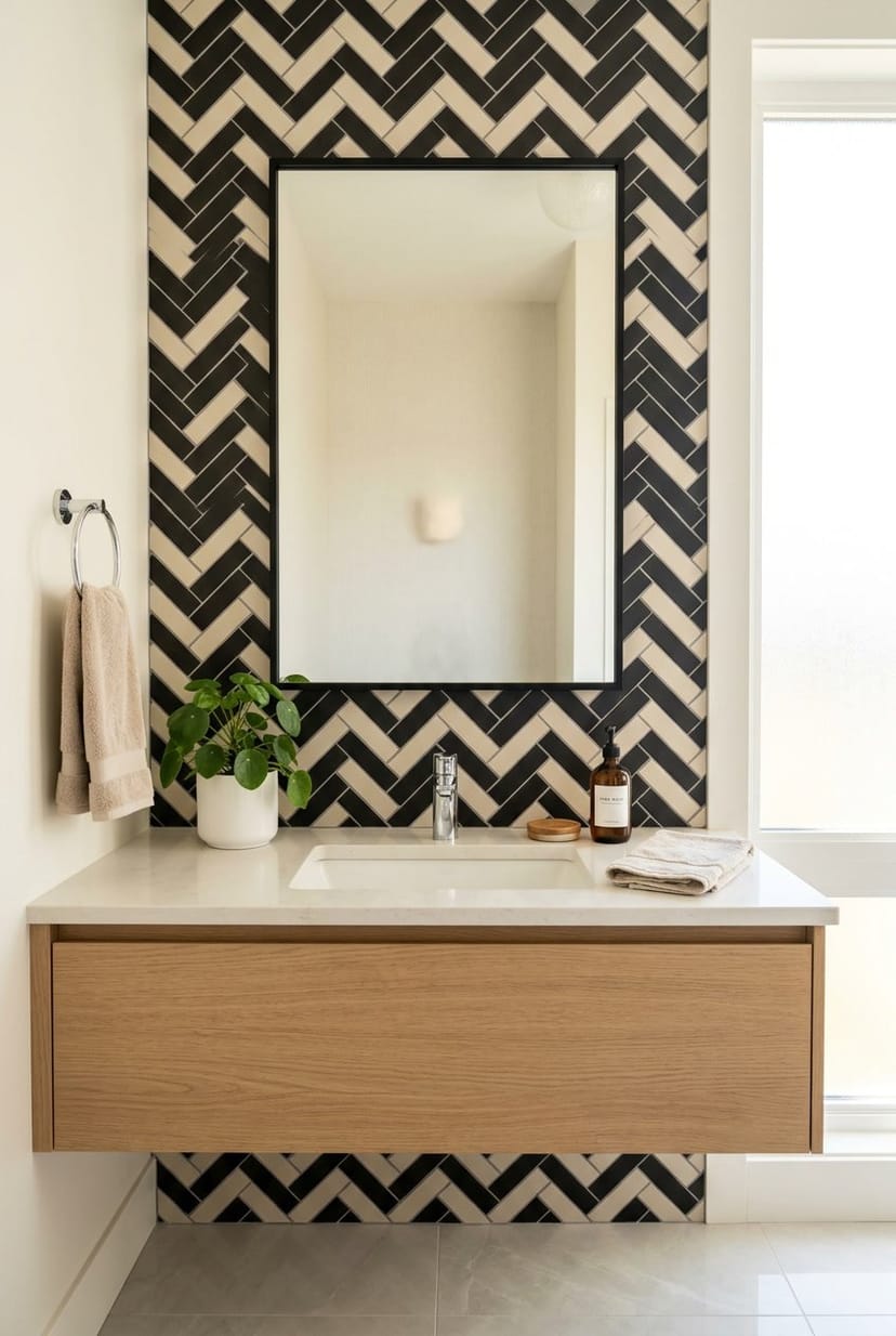 Gäste-WC mit schwarz-beigem Fliesenspiegel im Fischgrätmuster und weißem Waschbecken.