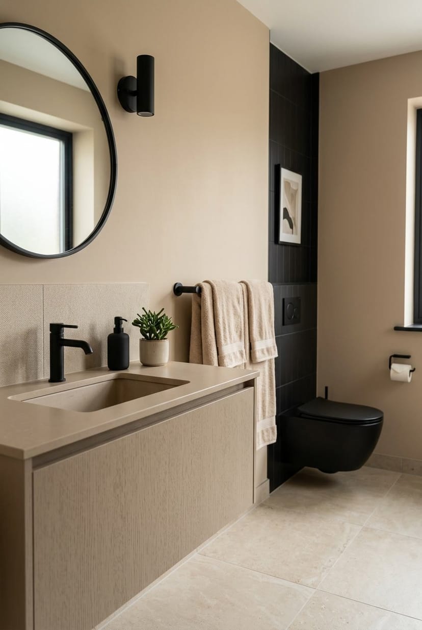 Ein modernes Gäste-WC mit beigen Wänden und schwarzen Armaturen, einem Waschbecken und dekorativen Elementen.