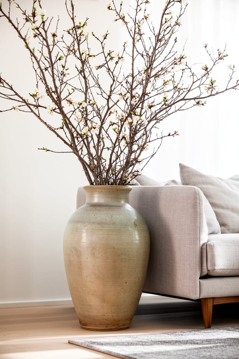 Große Boden-Vase mit blühendem Zweig im Wohnzimmer