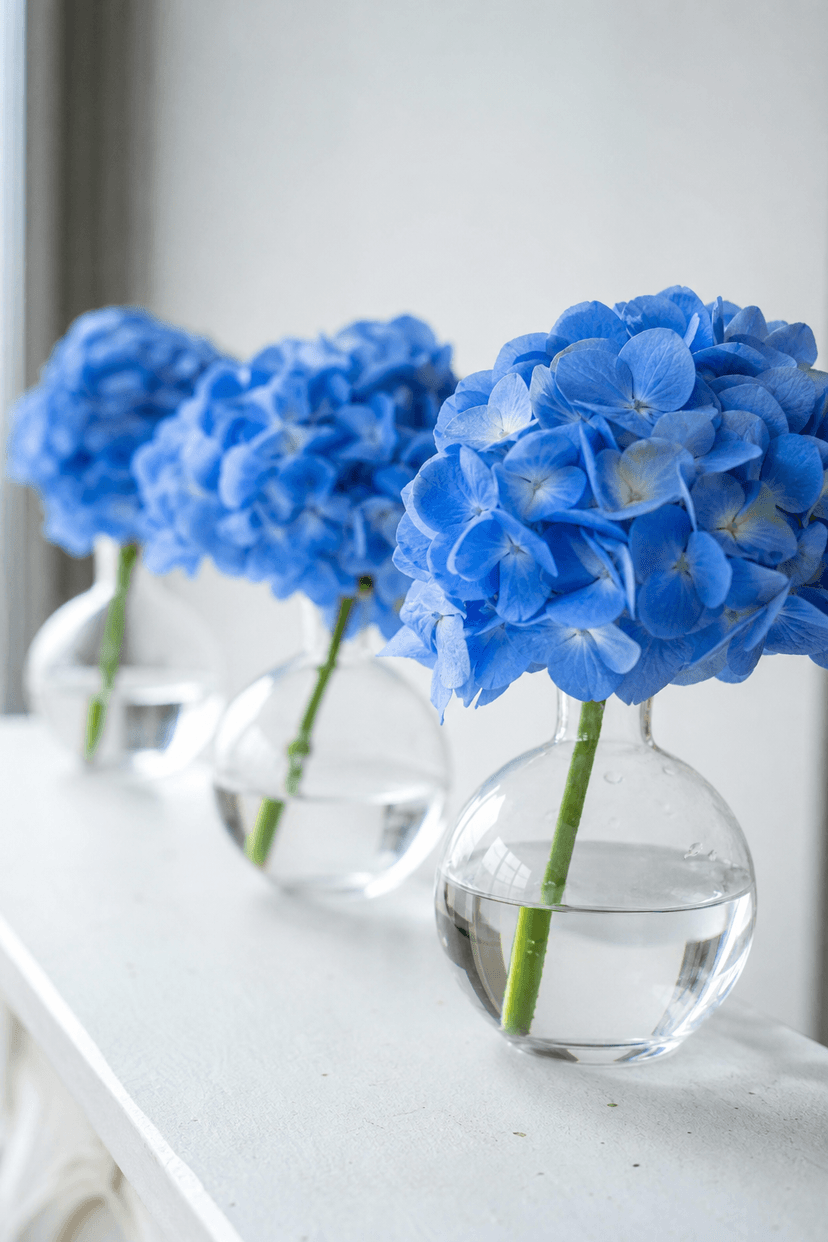 Blaue Hortensien in klaren Glasvasen auf weißem Tisch