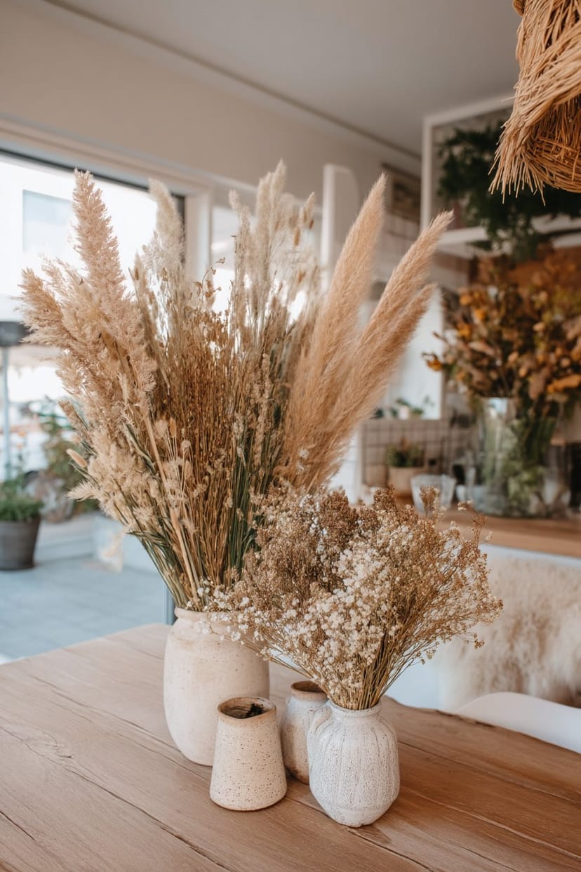 Boho Vasen mit Gräsern und Trockenblumen auf Holztisch