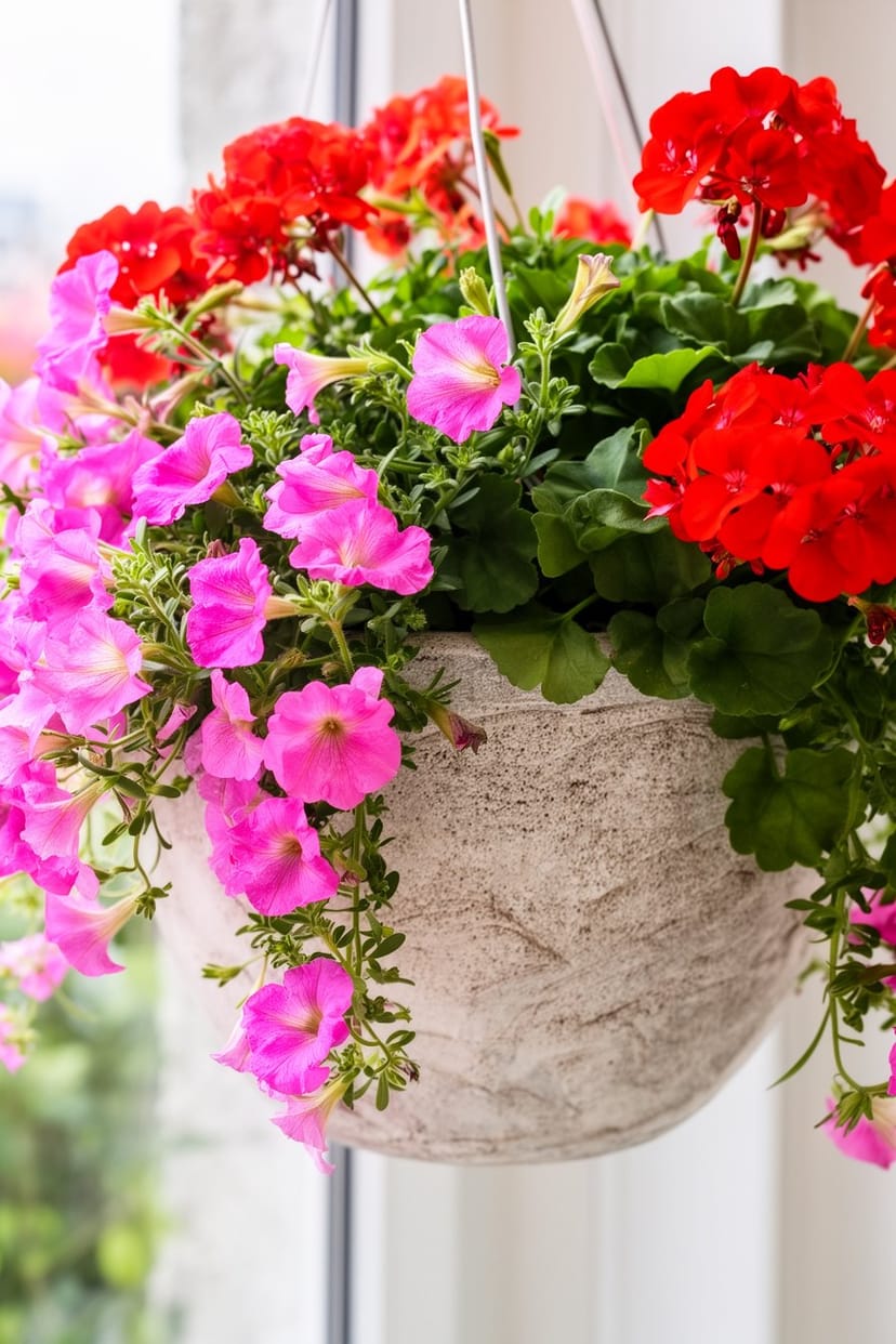Blumenampel mit Petunien und Geranien am Hauseingang
