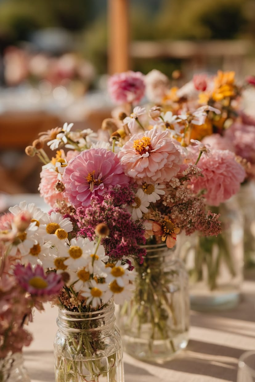 Bunte Sommerblumen in kleinen Glasvasen auf Gartentisch