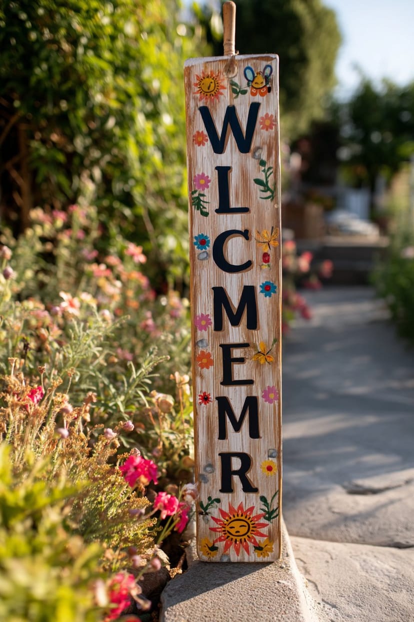 Buntes Holzschild Welcome Summer mit Blumenmotiv