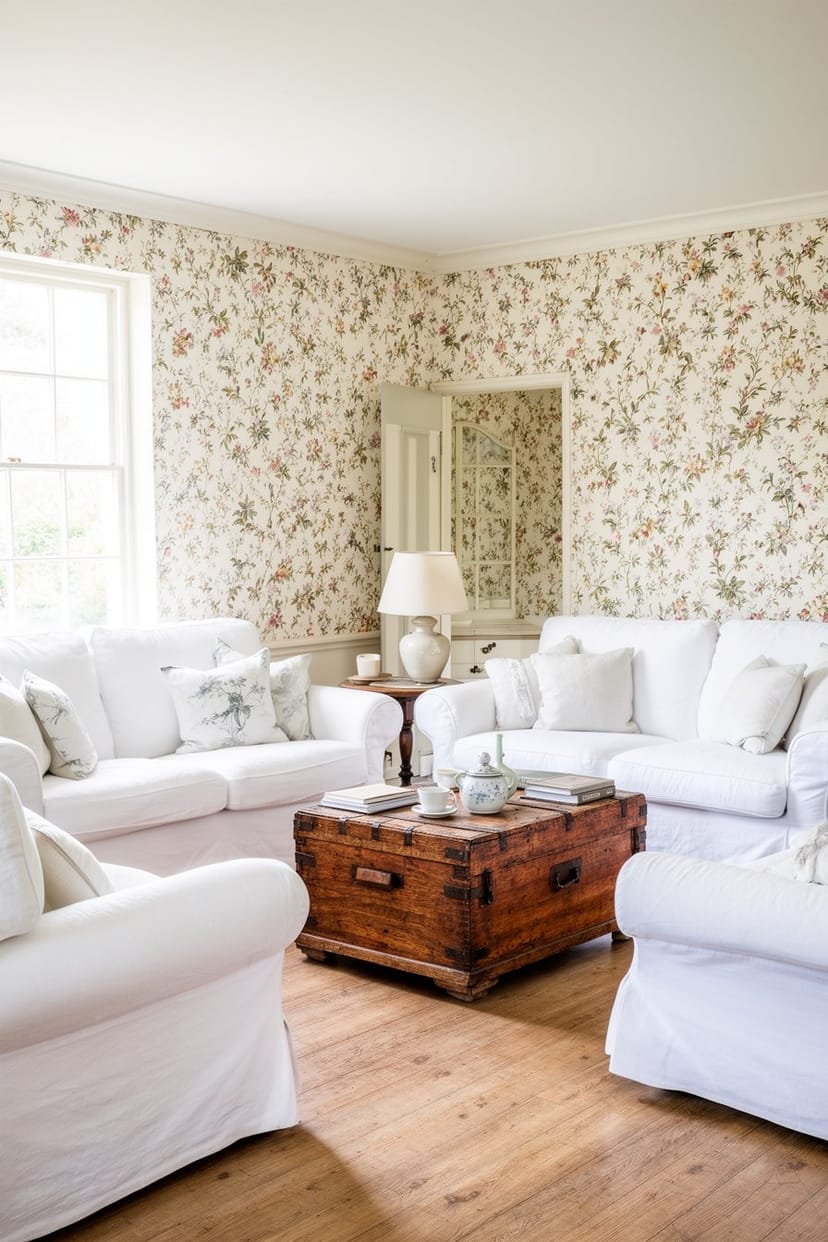 Cottage Wohnzimmer mit Blumen-Tapete und weißen Sofas