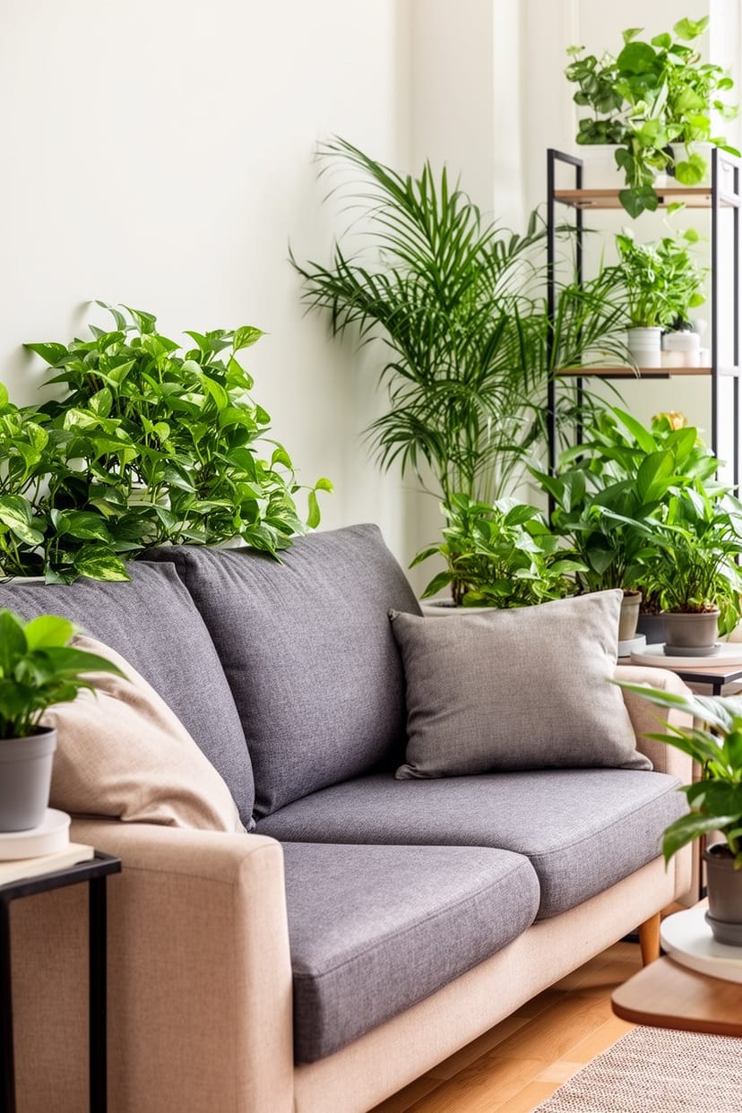 Graue und beige Couch mit Pflanzen im Skandi Landhaus Wohnzimmer