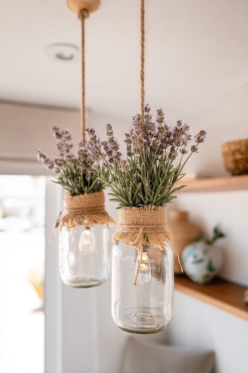 DIY Hängevasen aus Glasflaschen mit Lavendel über Geburtstagstisch