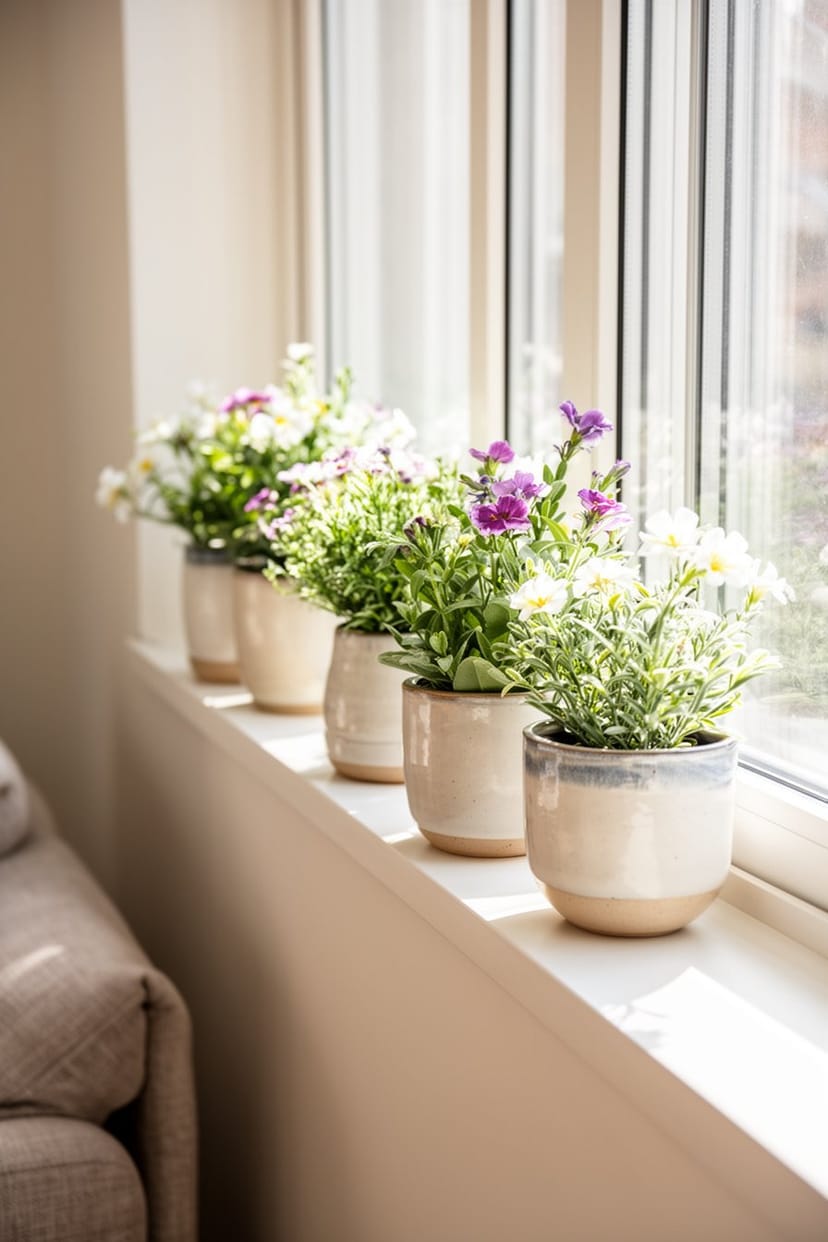 Fensterbank mit Blumen und Keramikvasen im Wohnzimmer