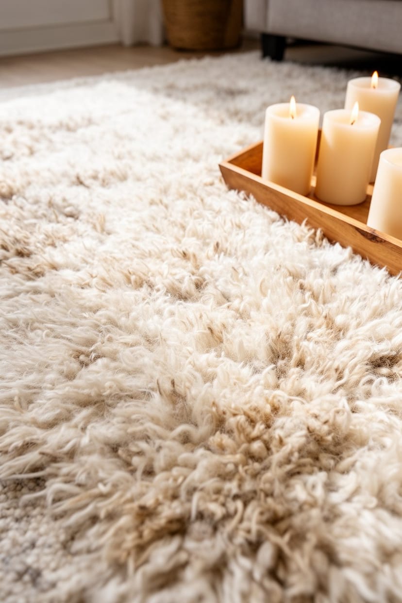 Flauschiger Teppich und Kerzen im Skandi Wohnzimmer