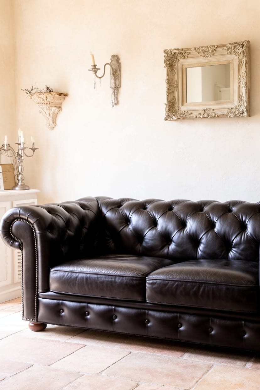 Französisches Landhaus Wohnzimmer mit Chesterfield-Sofa