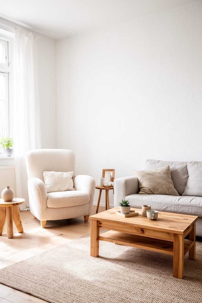 Modernes Landhaus Wohnzimmer mit weißen Wänden und Holzmöbeln