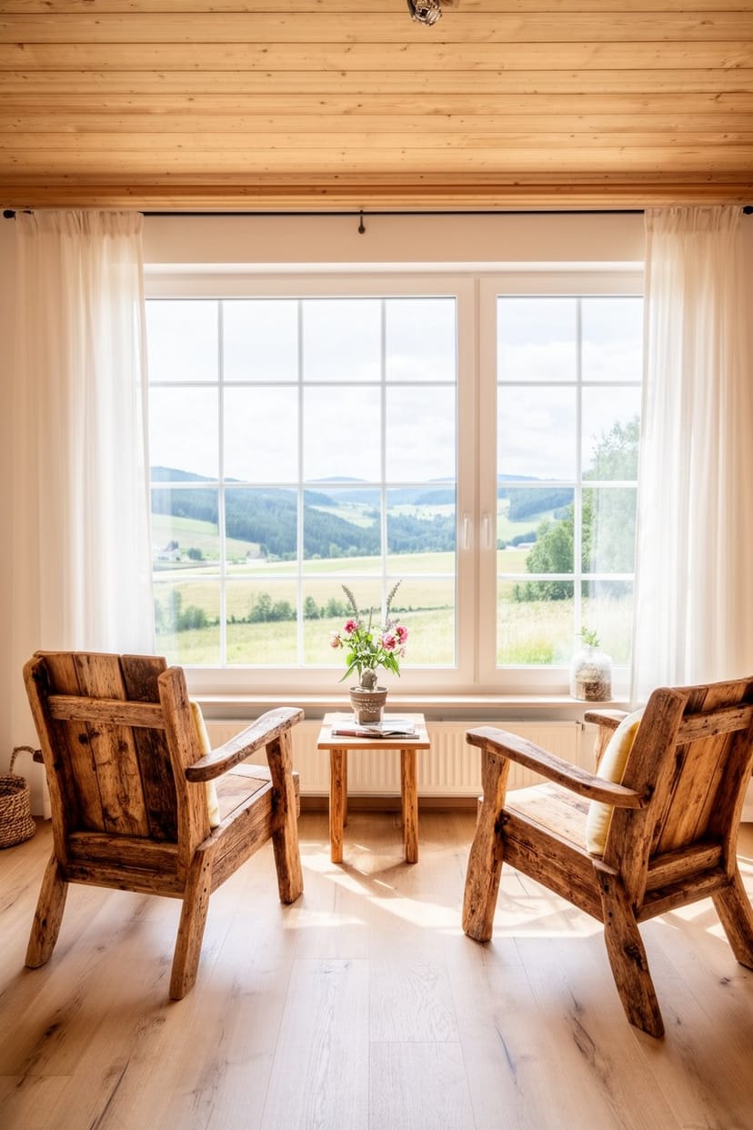Wohnbereich mit großem Fenster und rustikalen Holzmöbeln