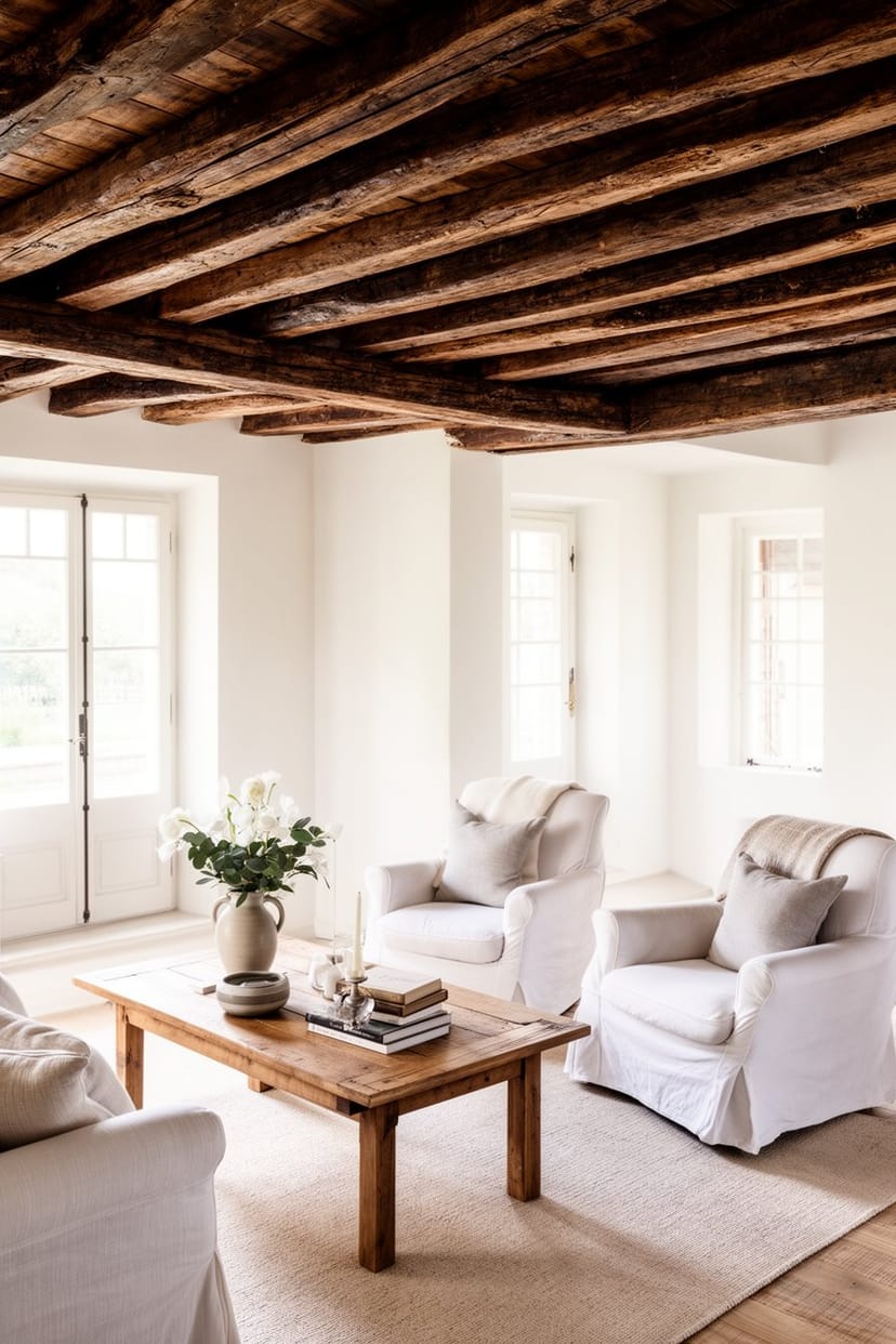 Französisches Landhaus Wohnzimmer mit Holzdecke und Sessel